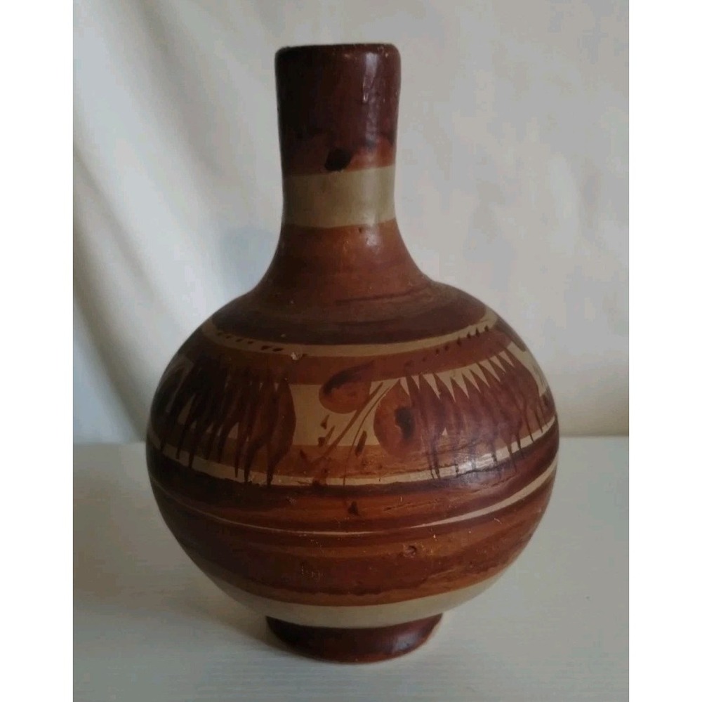 Mexican Folk Art Pottery Shades Of Brown/Orange About 7 Inches Tall VTG